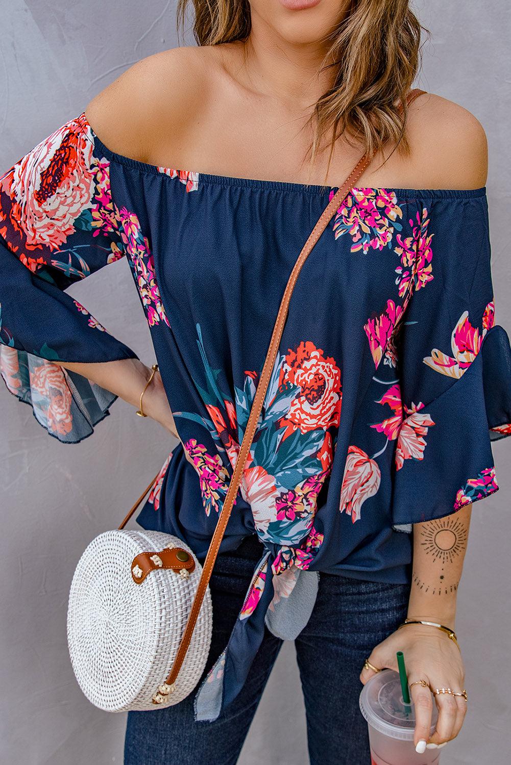 Printed Off-Shoulder Flounce Sleeve Top BLUE ZONE PLANET