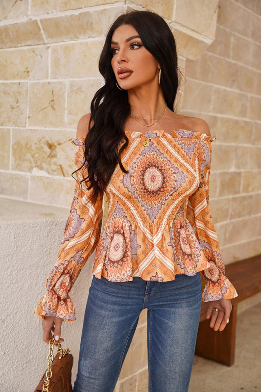 Printed Off-Shoulder Smocked Flounce Sleeve Blouse BLUE ZONE PLANET