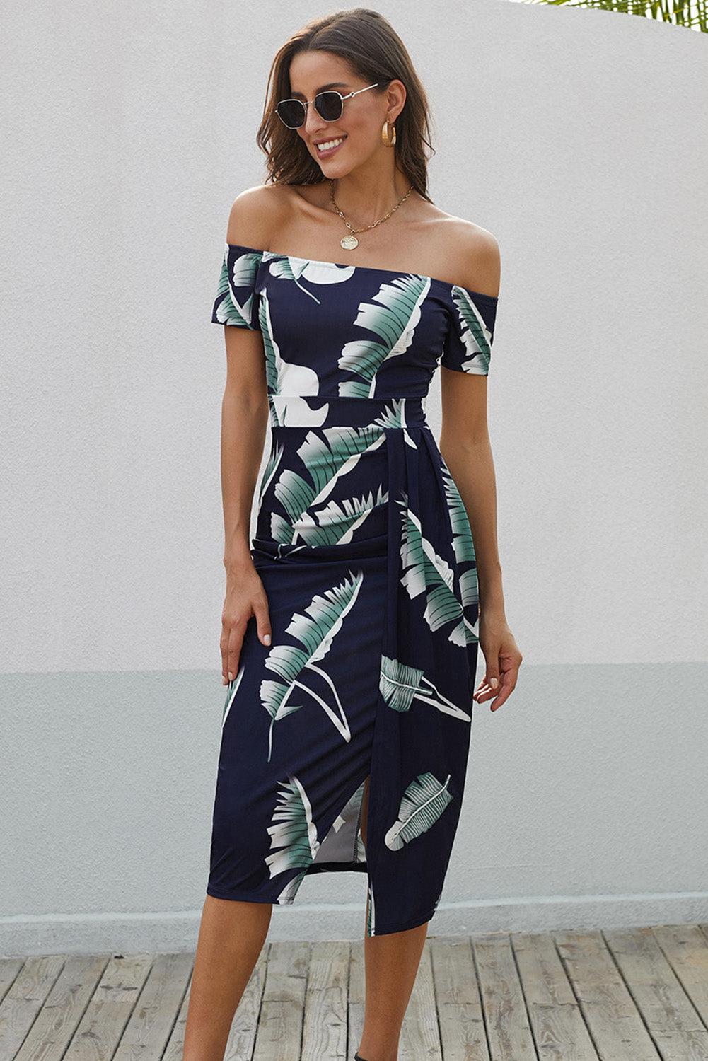 Printed Off-Shoulder Split Dress BLUE ZONE PLANET