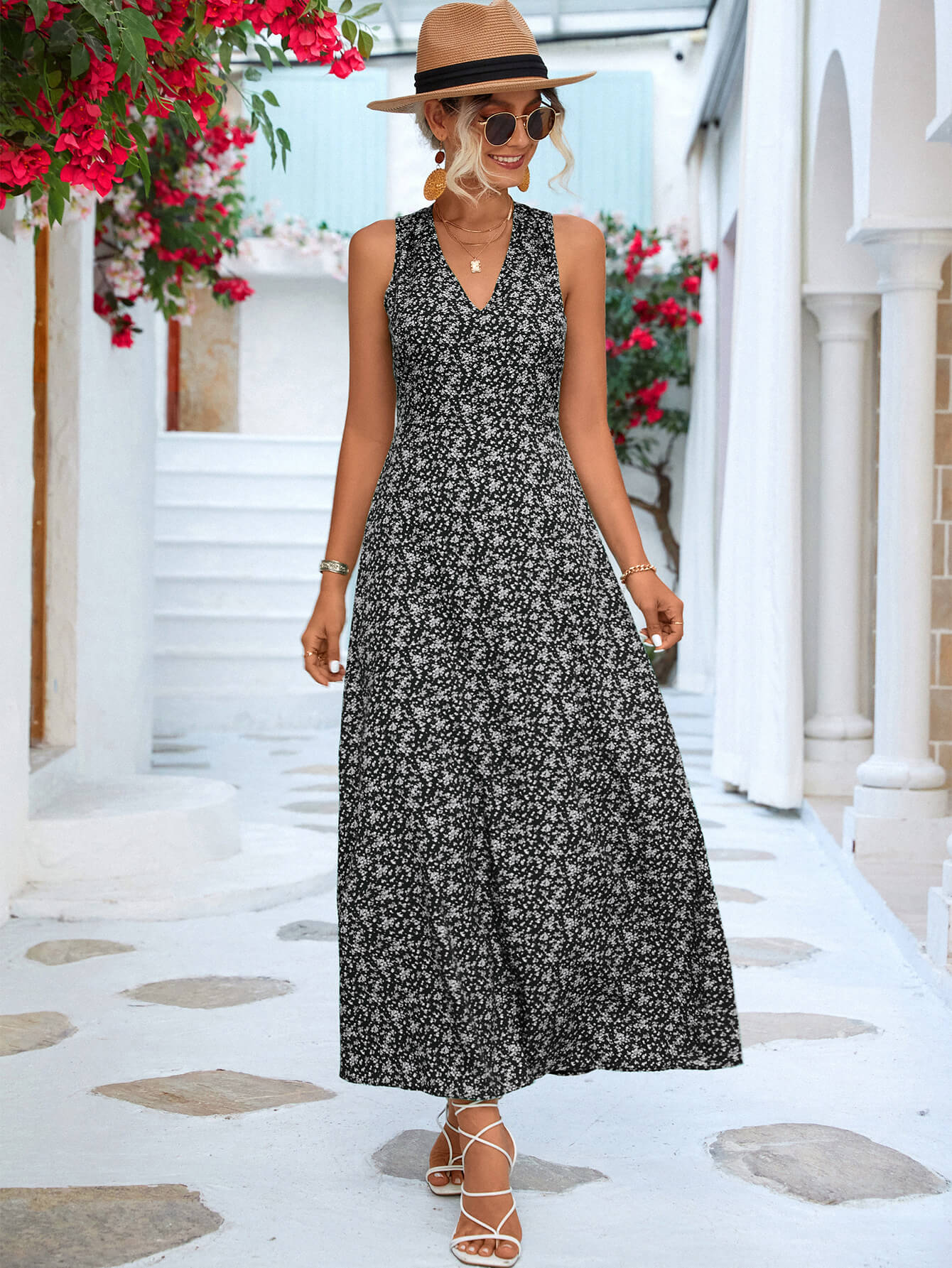 Printed Open Back Sleeveless Maxi Dress BLUE ZONE PLANET