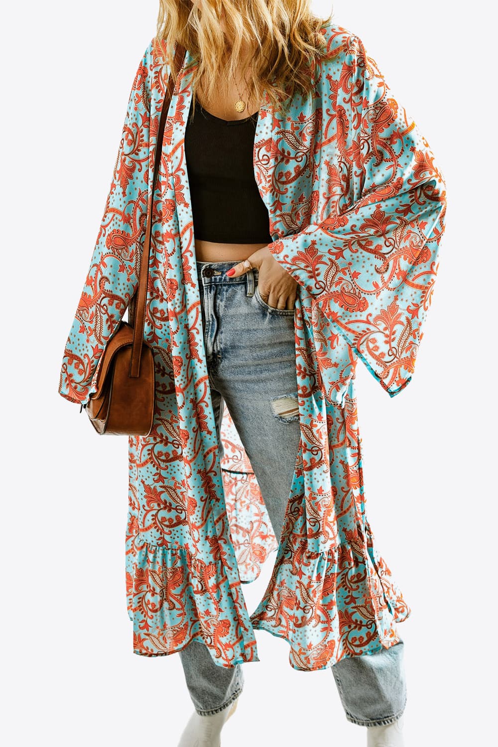 Printed Open Front Duster Cardigan BLUE ZONE PLANET