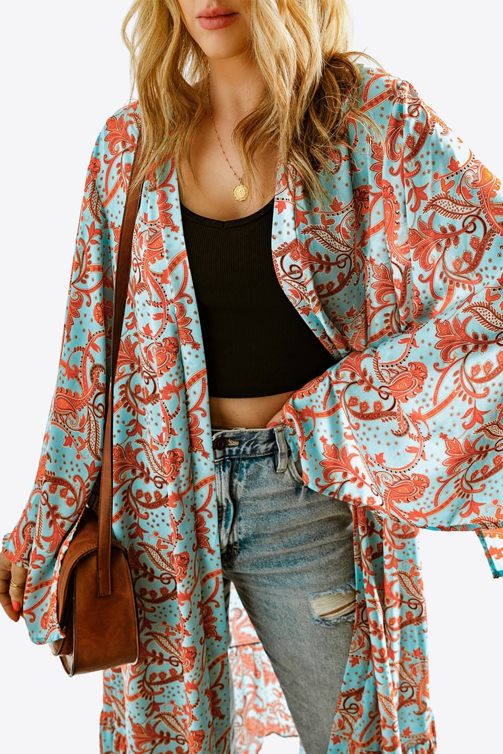 Printed Open Front Duster Cardigan BLUE ZONE PLANET