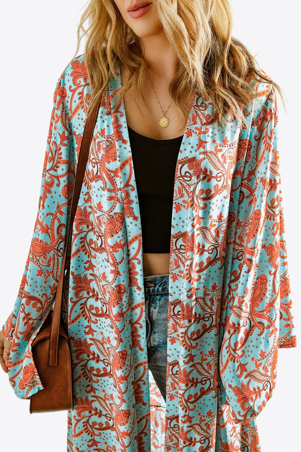 Printed Open Front Duster Cardigan BLUE ZONE PLANET