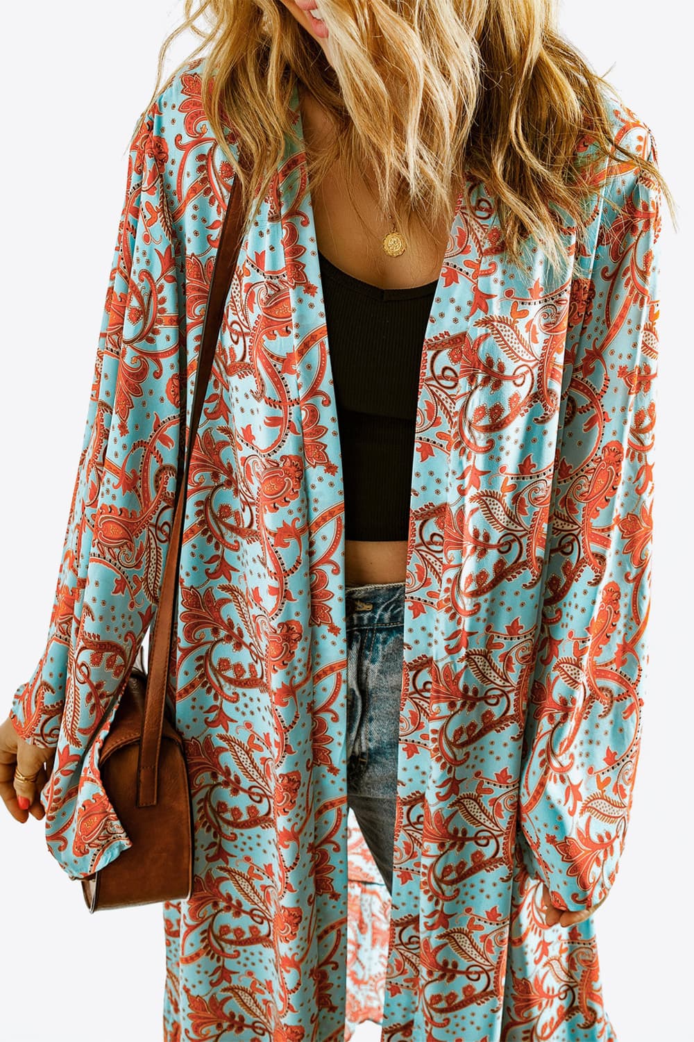 Printed Open Front Duster Cardigan BLUE ZONE PLANET