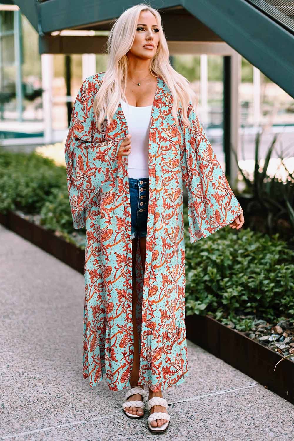 Printed Open Front Duster Cardigan BLUE ZONE PLANET