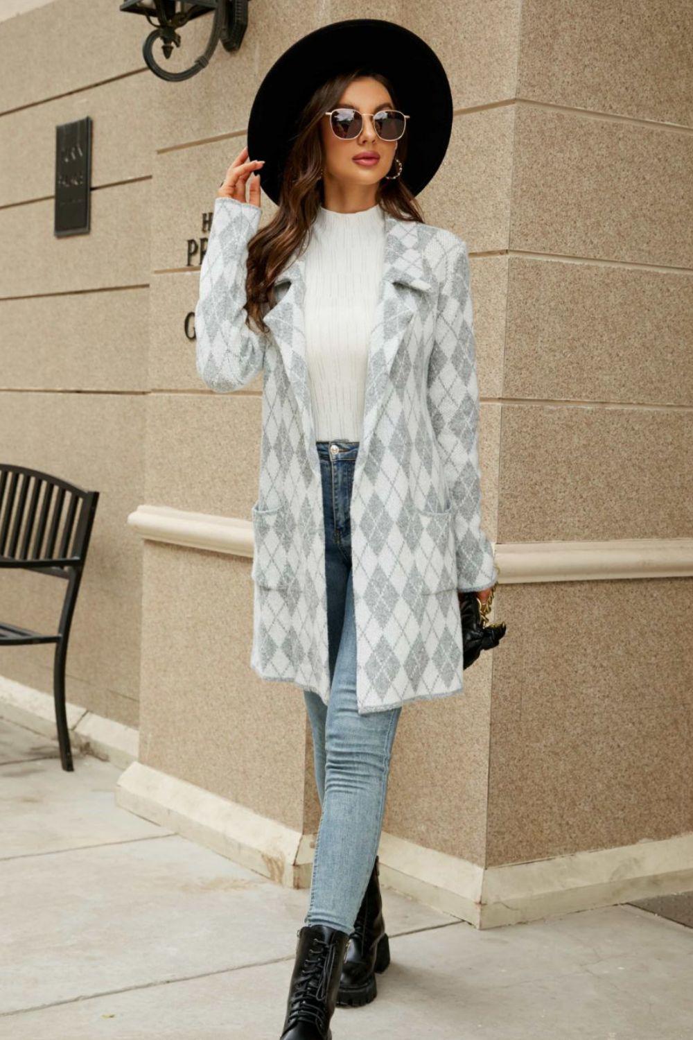 Printed Open Front Lapel Collar Cardigan with Pockets BLUE ZONE PLANET