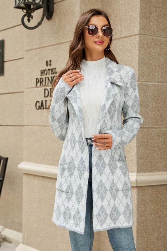 Printed Open Front Lapel Collar Cardigan with Pockets BLUE ZONE PLANET