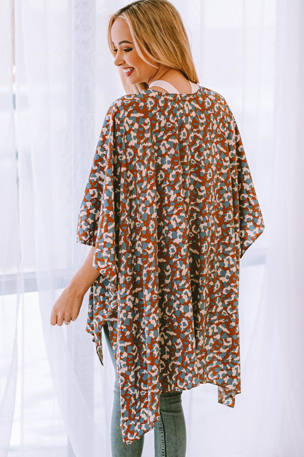 Printed Open Front Three-Quarter Sleeve Cover Up BLUE ZONE PLANET