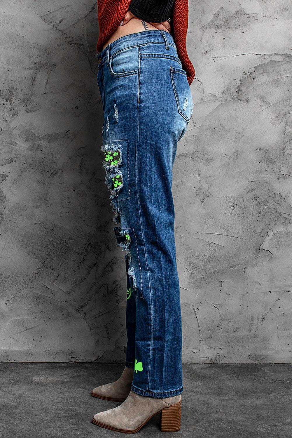Printed Patch Distressed Boyfriend Jeans BLUE ZONE PLANET
