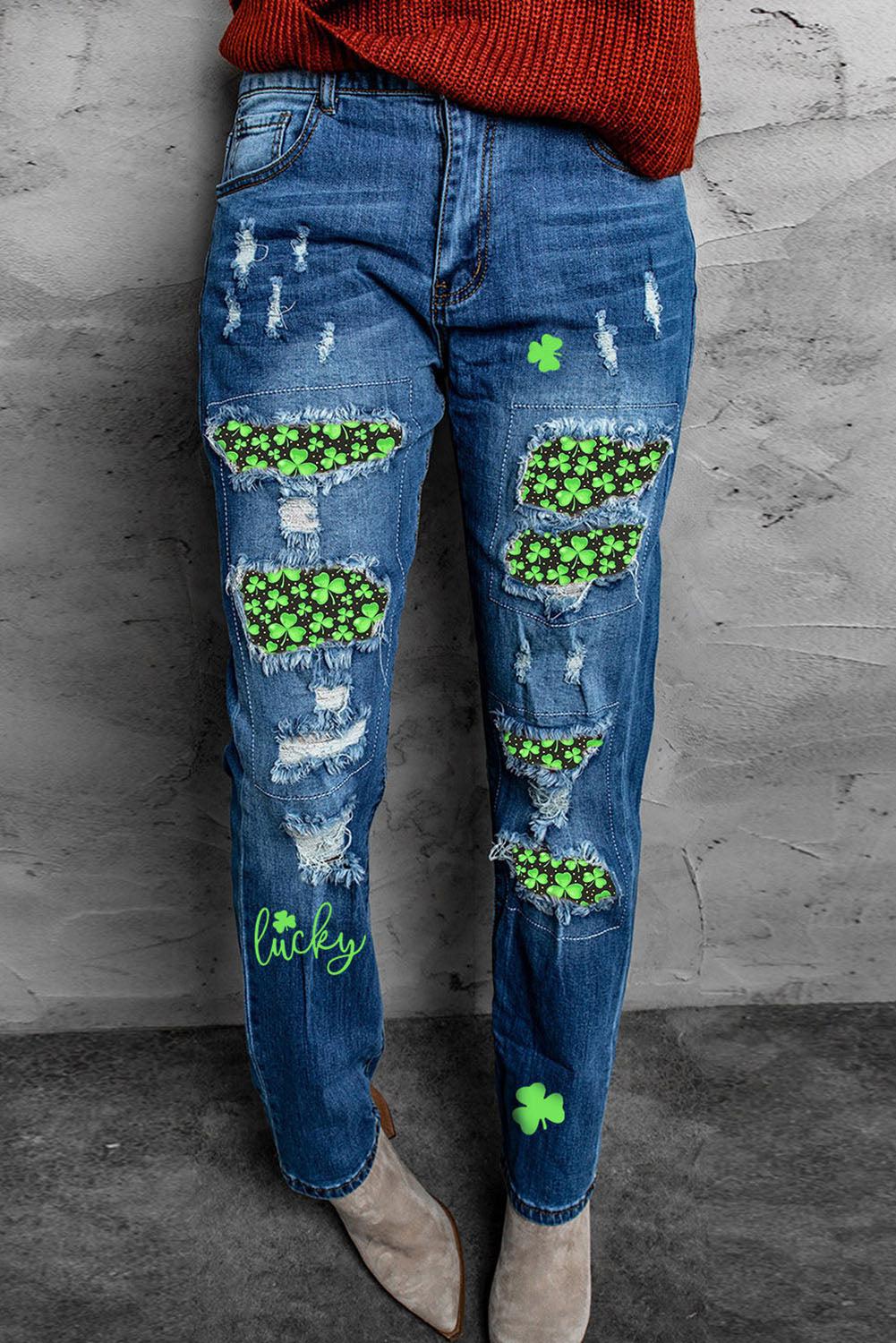 Printed Patch Distressed Boyfriend Jeans BLUE ZONE PLANET