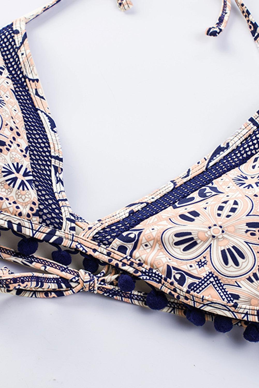 Printed Pompom Detail Halter Neck Two-Piece Bikini Set-TOPS / DRESSES-[Adult]-[Female]-Blue Zone Planet