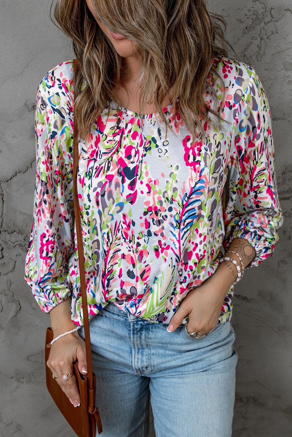 Printed Round Neck Balloon Sleeve Blouse BLUE ZONE PLANET