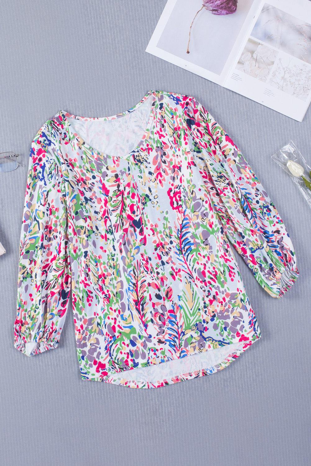 Printed Round Neck Balloon Sleeve Blouse BLUE ZONE PLANET