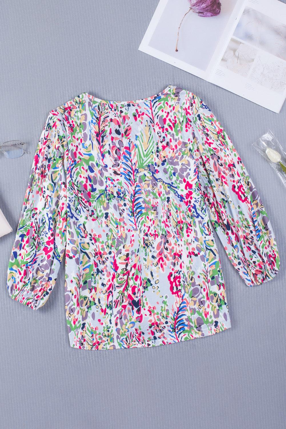 Printed Round Neck Balloon Sleeve Blouse BLUE ZONE PLANET