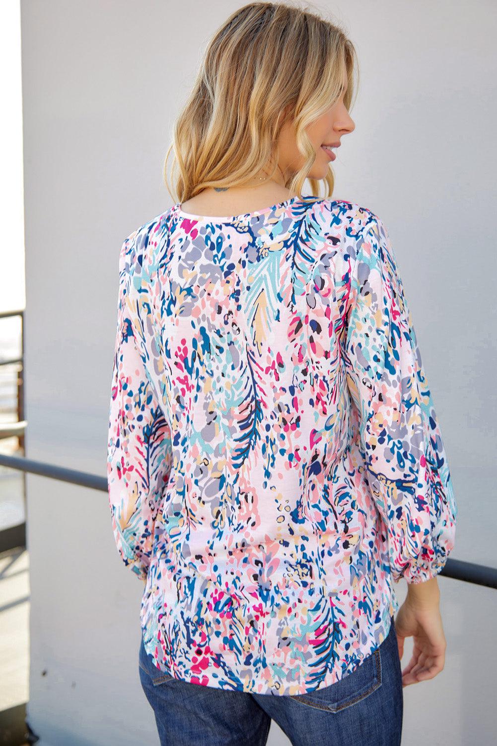 Printed Round Neck Balloon Sleeve Blouse BLUE ZONE PLANET