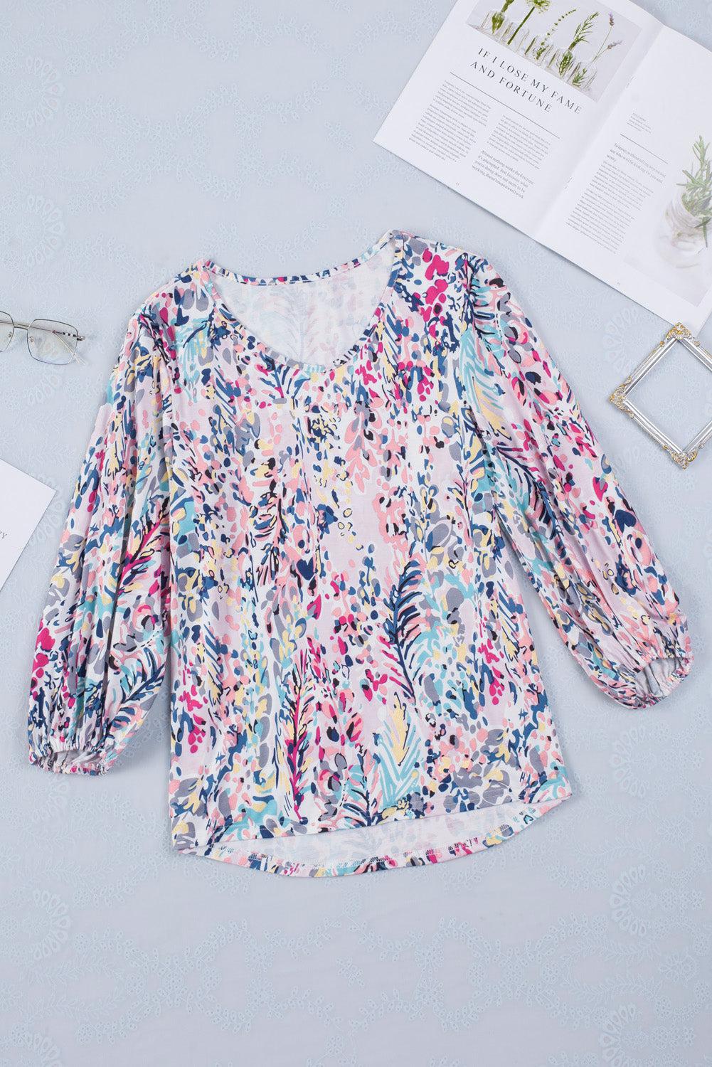 Printed Round Neck Balloon Sleeve Blouse BLUE ZONE PLANET