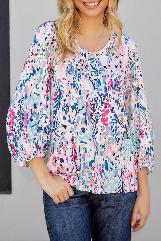 Printed Round Neck Balloon Sleeve Blouse BLUE ZONE PLANET