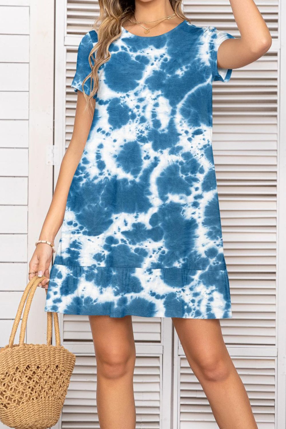 Printed Round Neck Short Sleeve Mini Dress with Pockets-TOPS / DRESSES-[Adult]-[Female]-2022 Online Blue Zone Planet