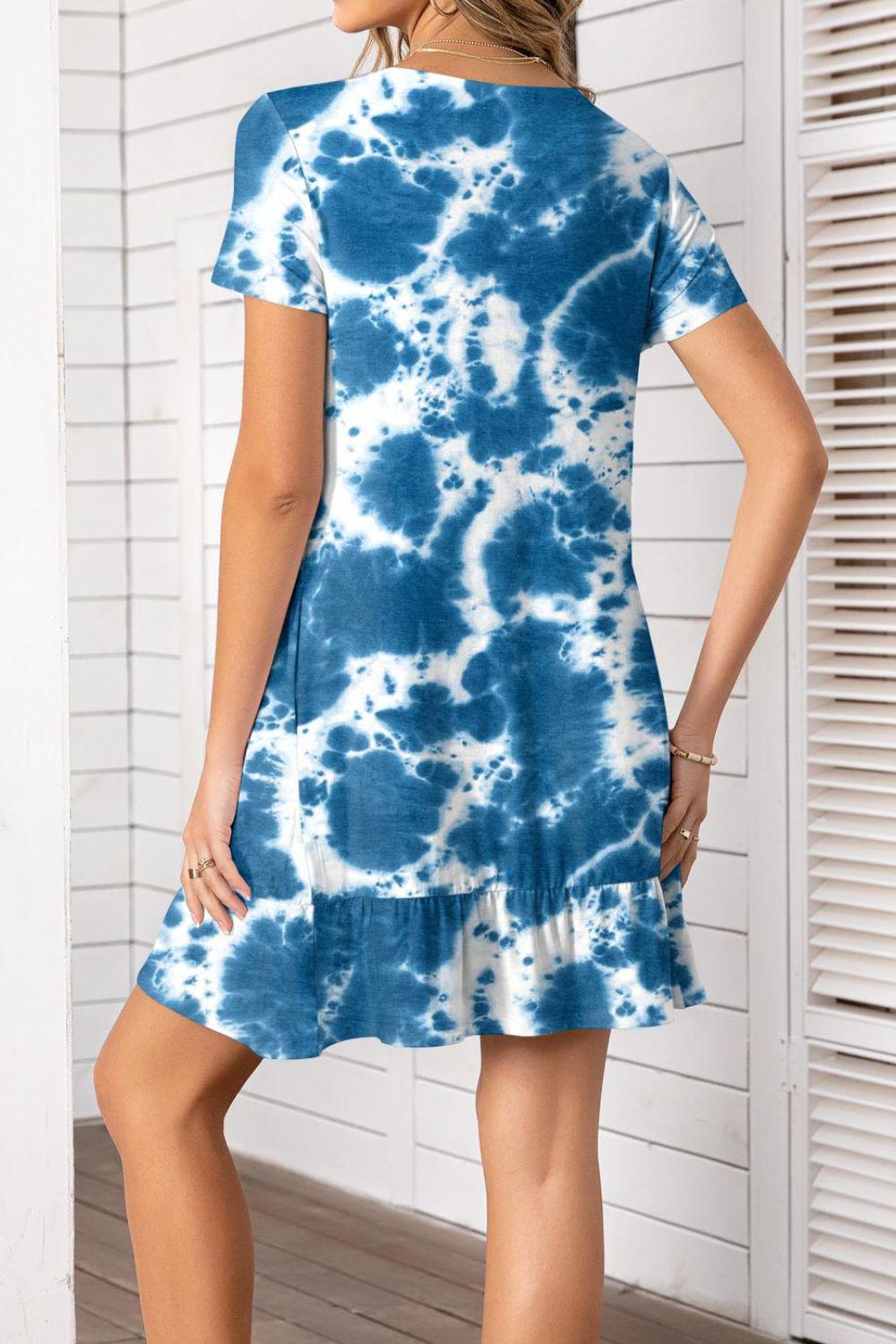 Printed Round Neck Short Sleeve Mini Dress with Pockets-TOPS / DRESSES-[Adult]-[Female]-2022 Online Blue Zone Planet