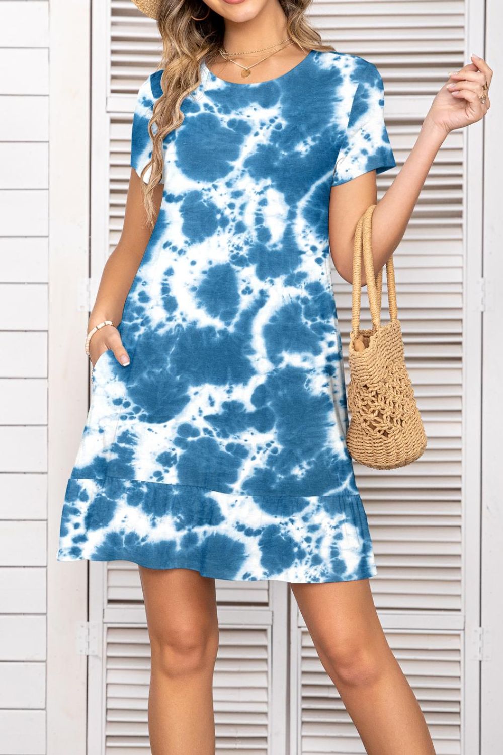 Printed Round Neck Short Sleeve Mini Dress with Pockets-TOPS / DRESSES-[Adult]-[Female]-Cobalt Blue-S-2022 Online Blue Zone Planet