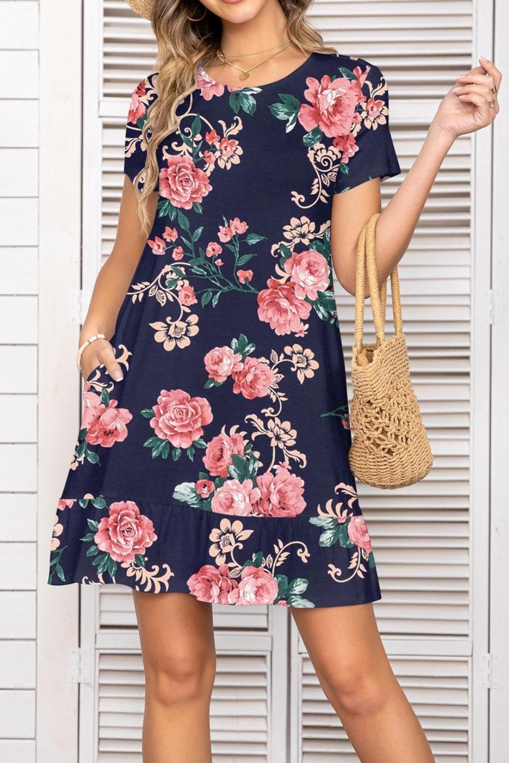 Printed Round Neck Short Sleeve Mini Dress with Pockets-TOPS / DRESSES-[Adult]-[Female]-Navy-S-2022 Online Blue Zone Planet