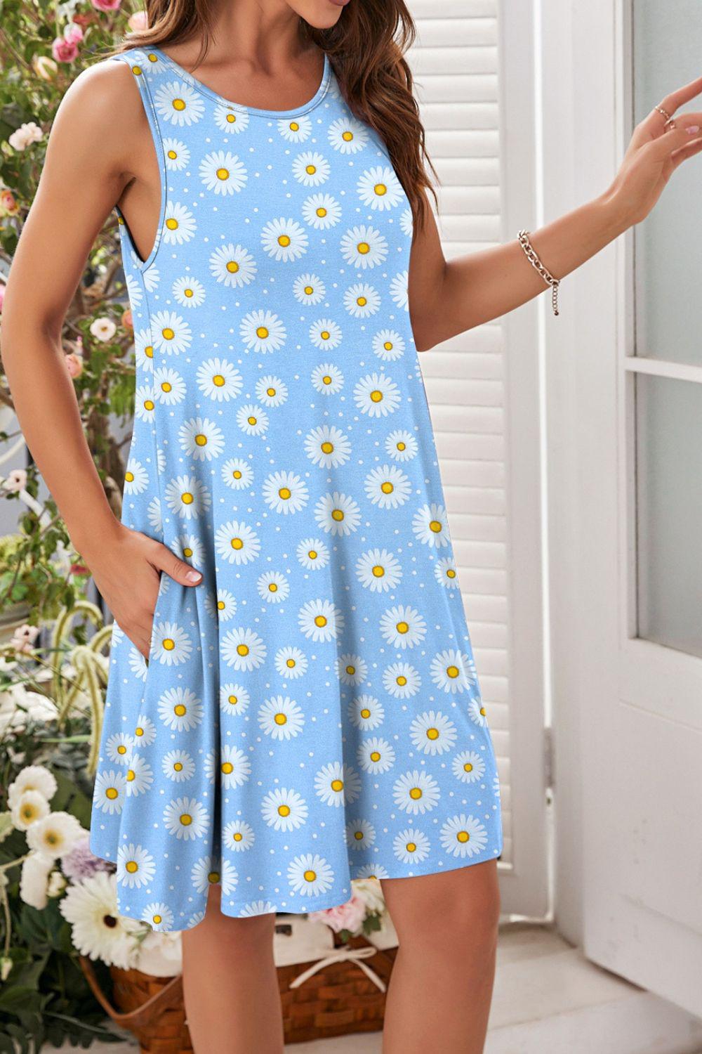Printed Round Neck Sleeveless Dress BLUE ZONE PLANET