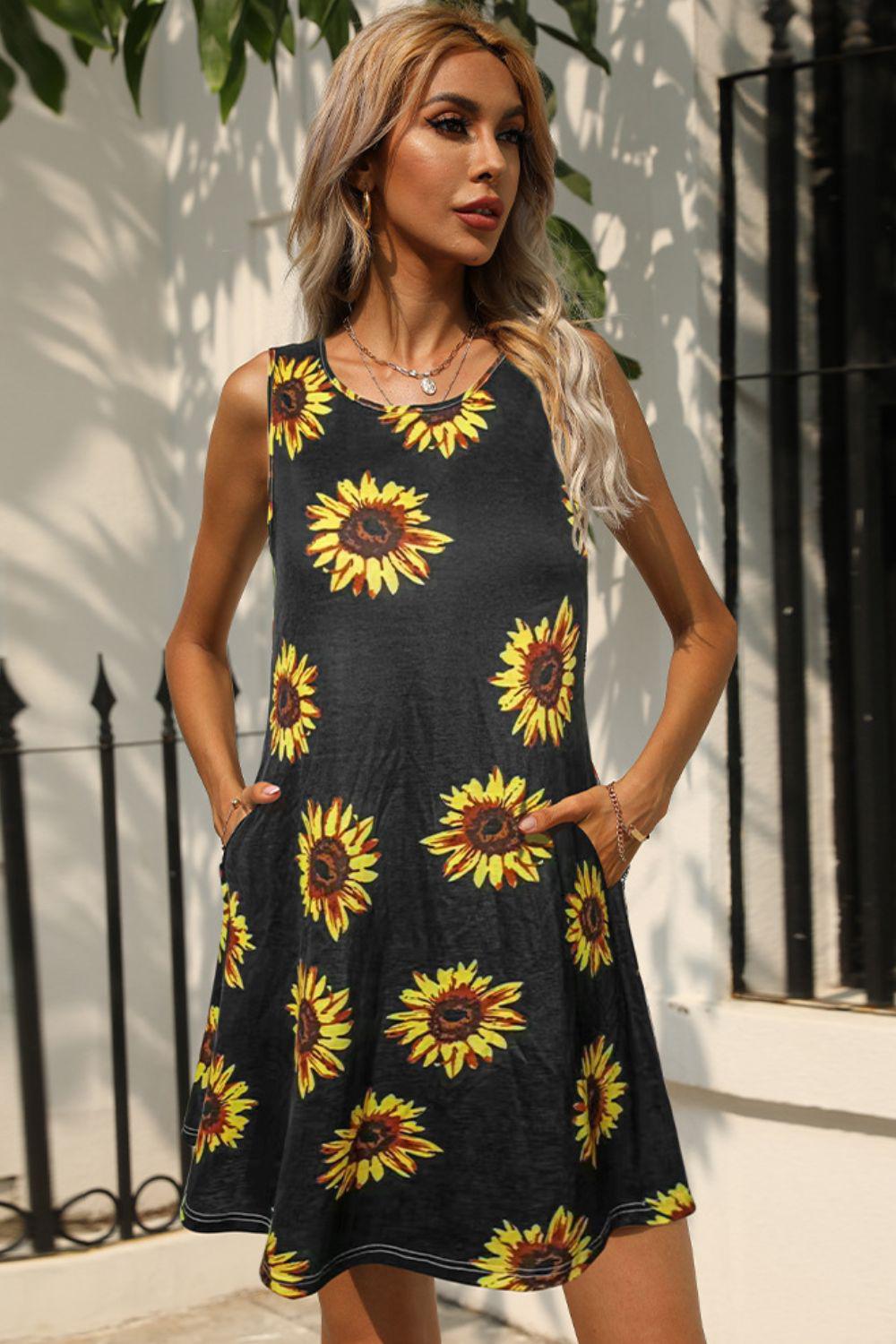 Printed Round Neck Sleeveless Dress with Pockets BLUE ZONE PLANET