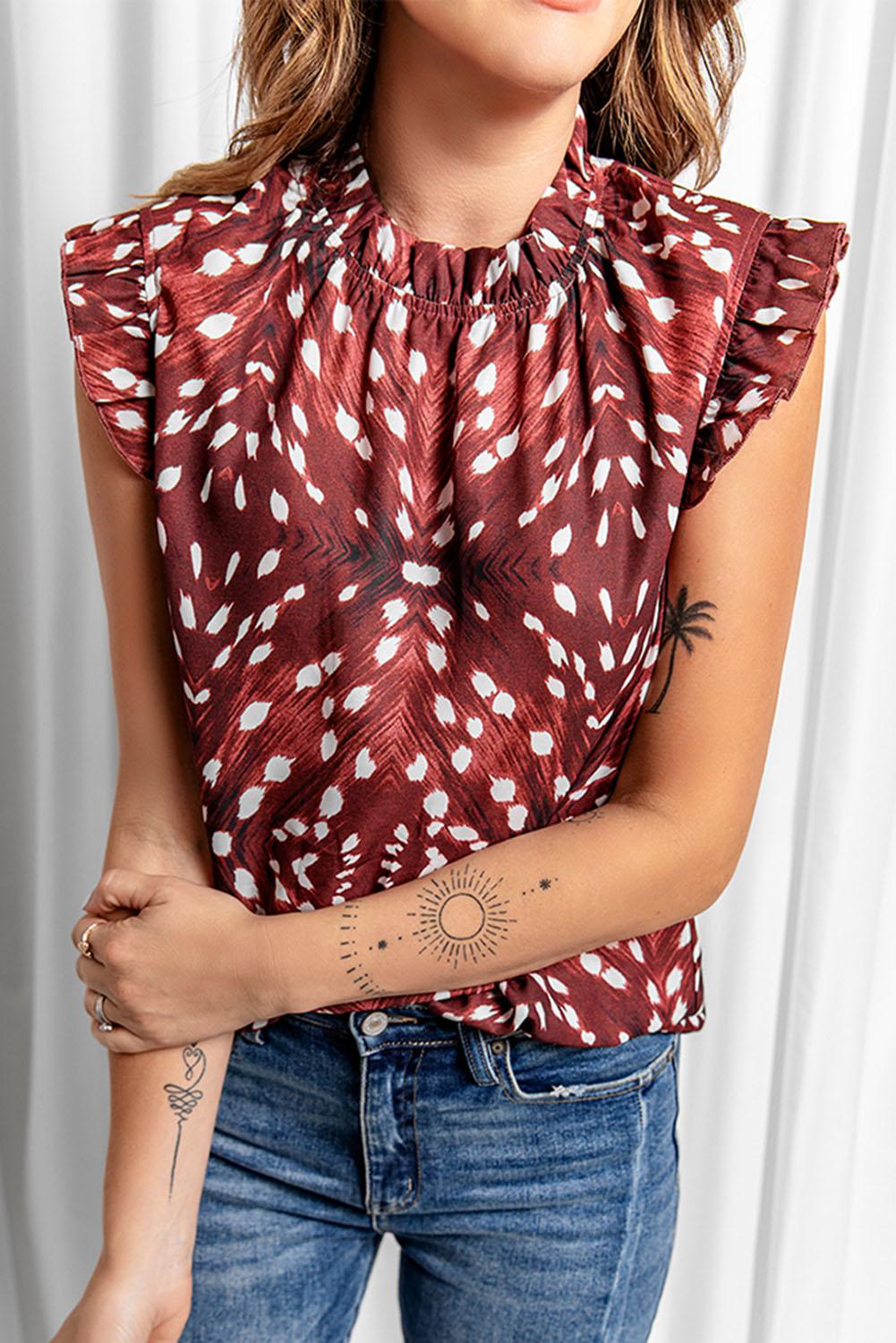 Printed Ruffle Shoulder Blouse BLUE ZONE PLANET