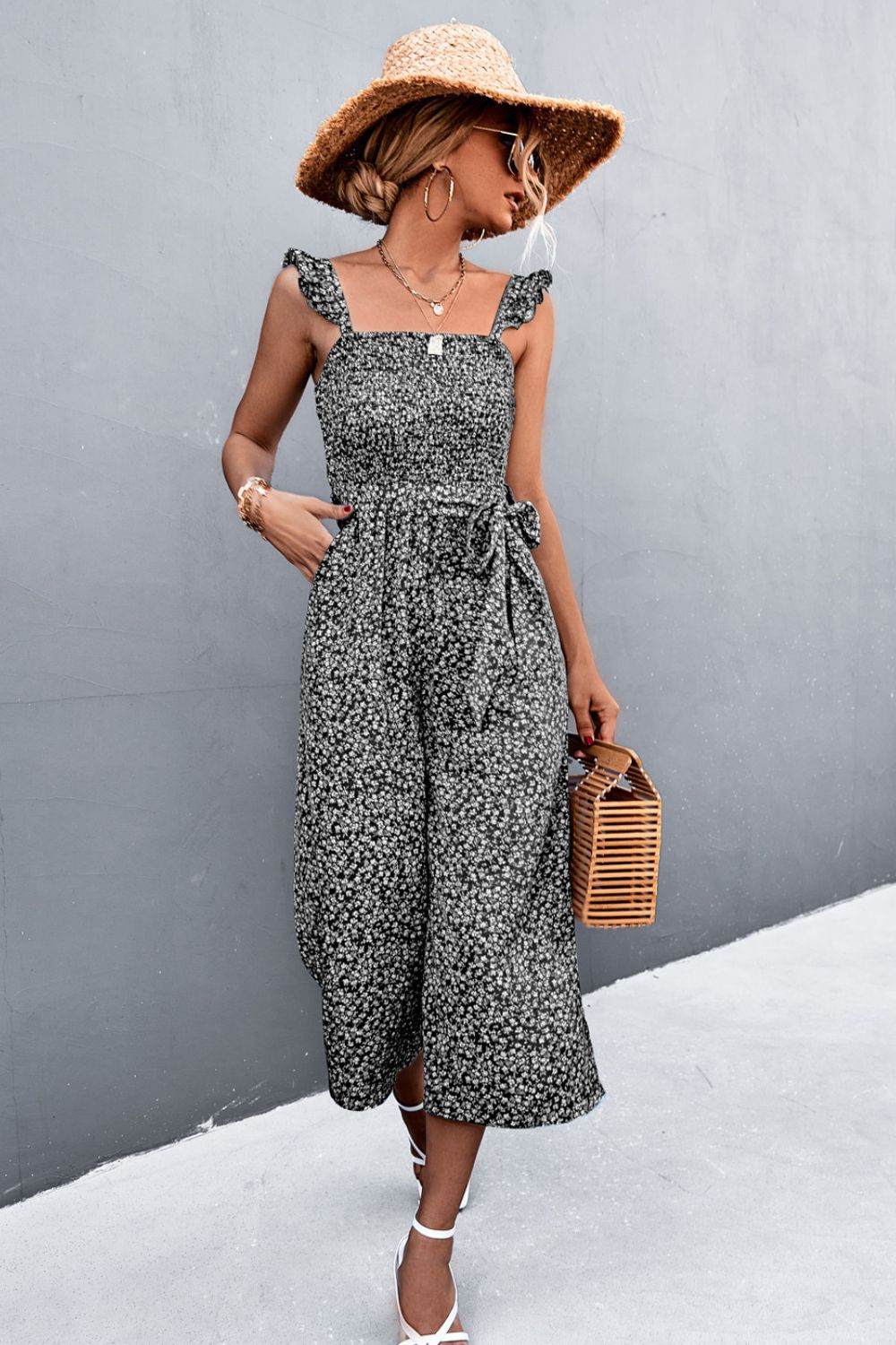 Printed Ruffle Strap Smocked Belted Jumpsuit BLUE ZONE PLANET