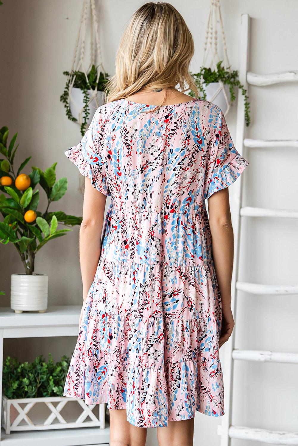 Printed Short Flounce Sleeve Tiered Dress BLUE ZONE PLANET