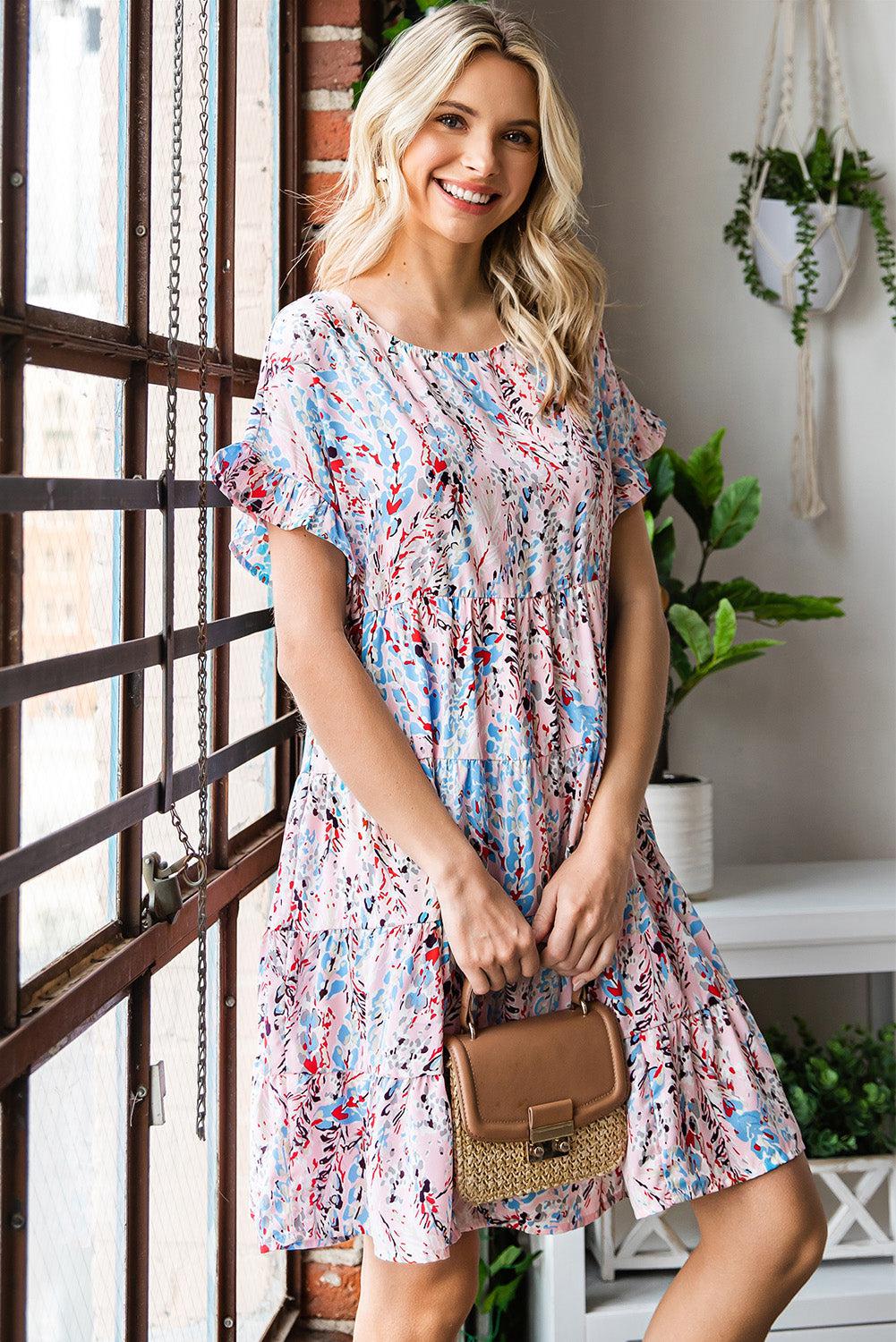 Printed Short Flounce Sleeve Tiered Dress BLUE ZONE PLANET