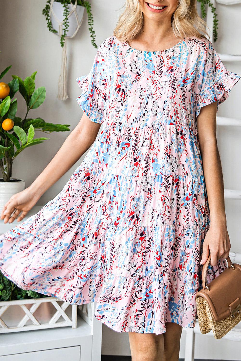 Printed Short Flounce Sleeve Tiered Dress BLUE ZONE PLANET