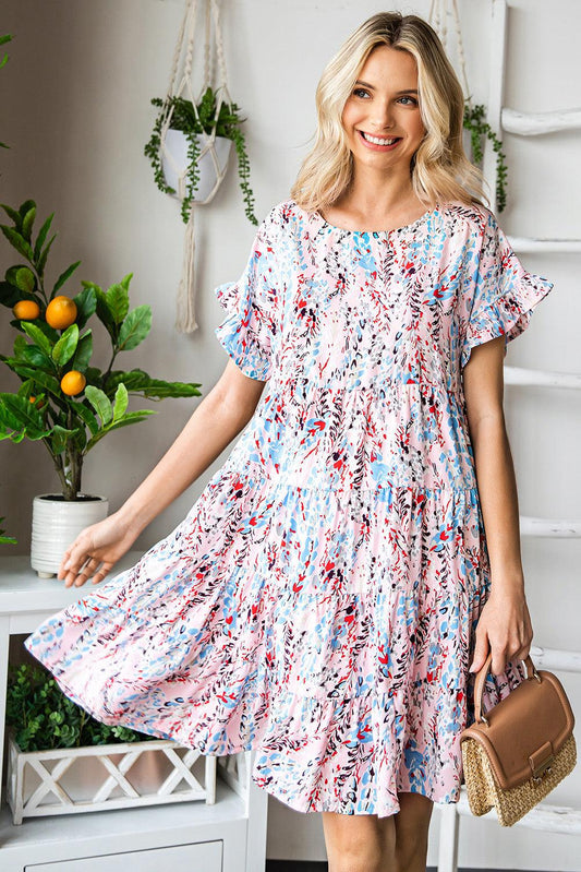 Printed Short Flounce Sleeve Tiered Dress BLUE ZONE PLANET