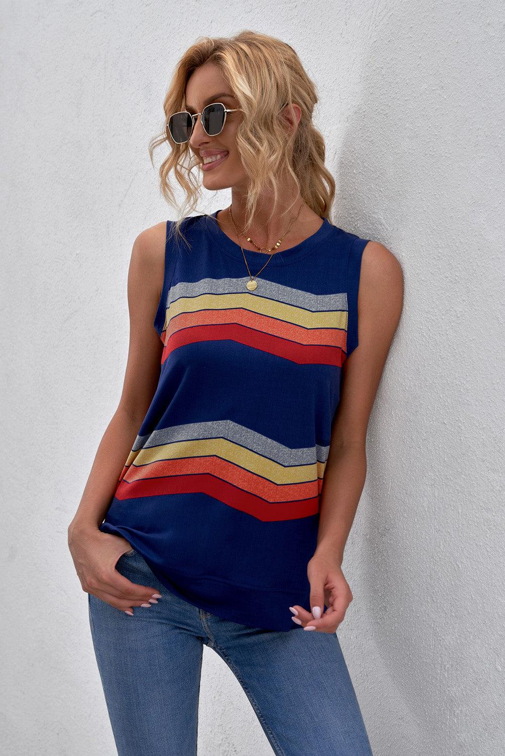 Printed Side Slit Round Neck Tank BLUE ZONE PLANET