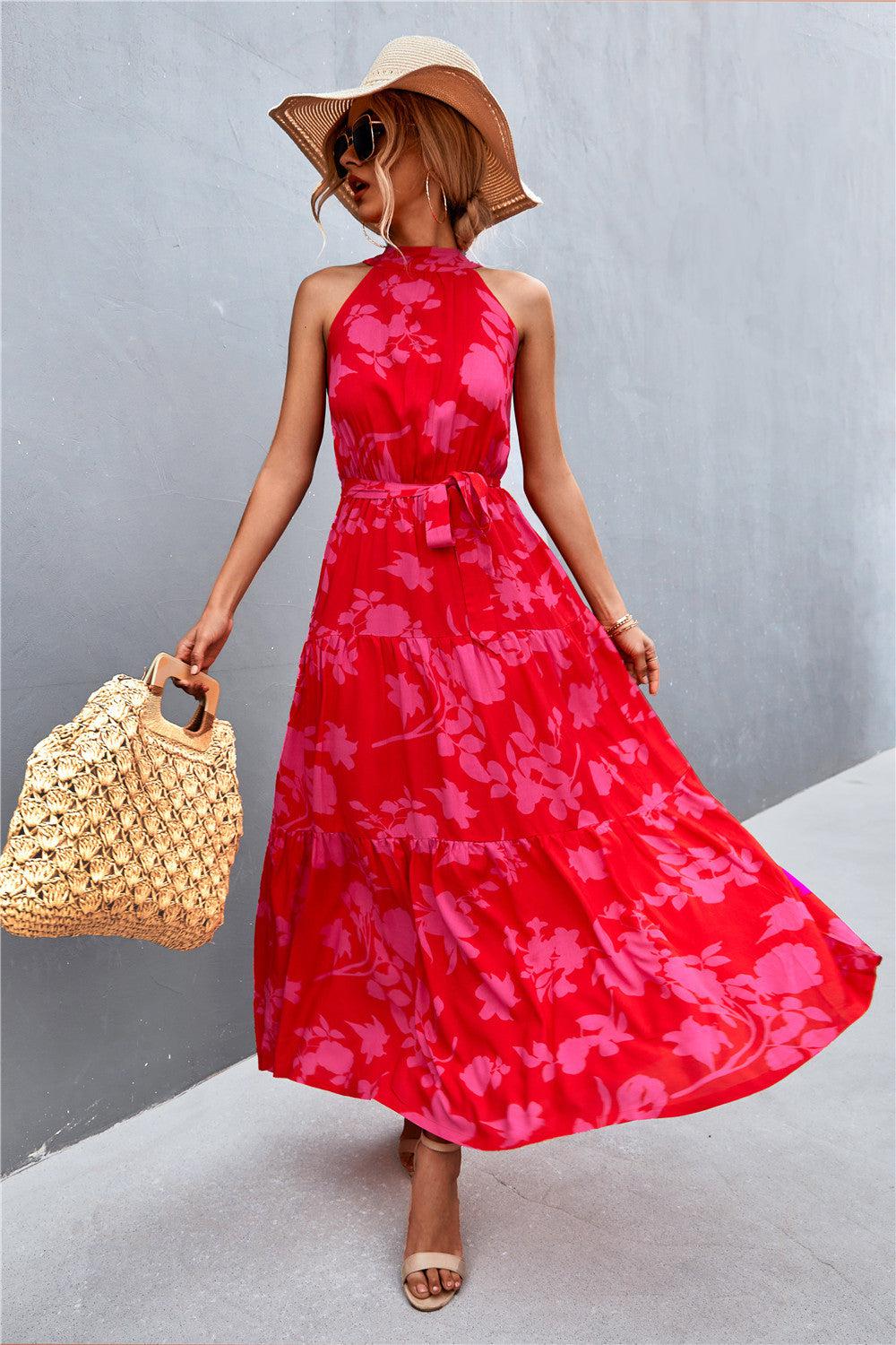 Printed Sleeveless Tie Waist Maxi Dress-TOPS / DRESSES-[Adult]-[Female]-Rose/Floral-S-2022 Online Blue Zone Planet