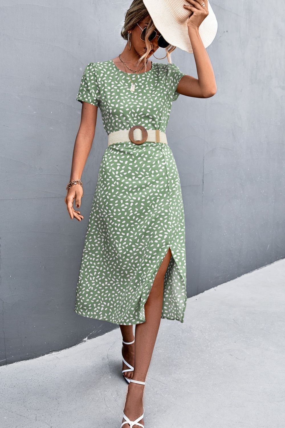Printed Slit Cutout Midi Dress (Belt Not Included) BLUE ZONE PLANET