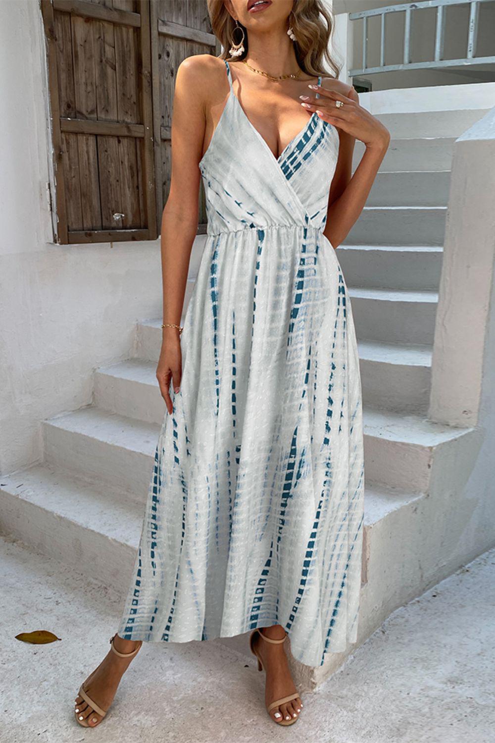 Printed Surplice Adjustable Spaghetti Strap Maxi Dress BLUE ZONE PLANET