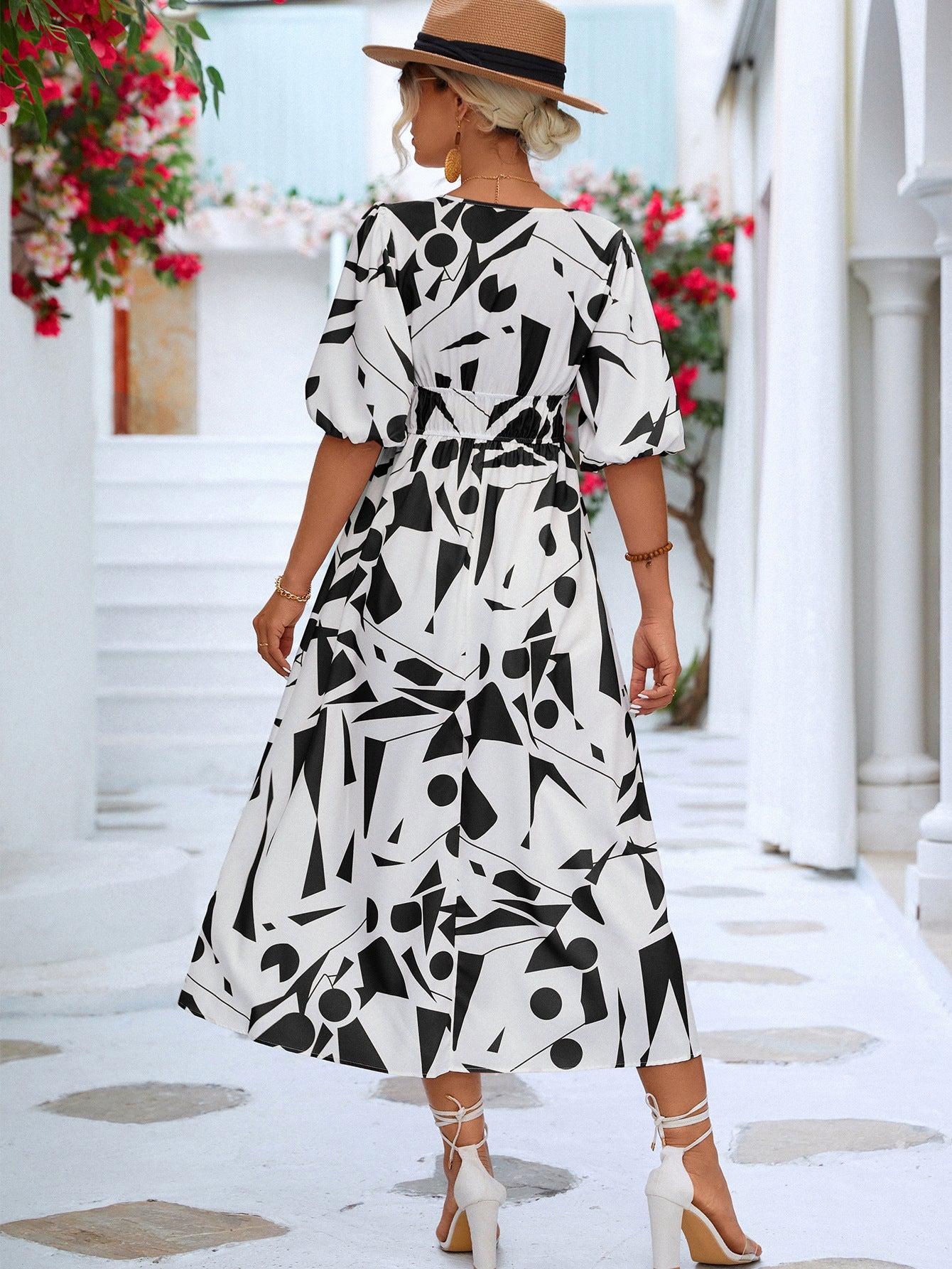 Printed Surplice Balloon Sleeve Dress BLUE ZONE PLANET