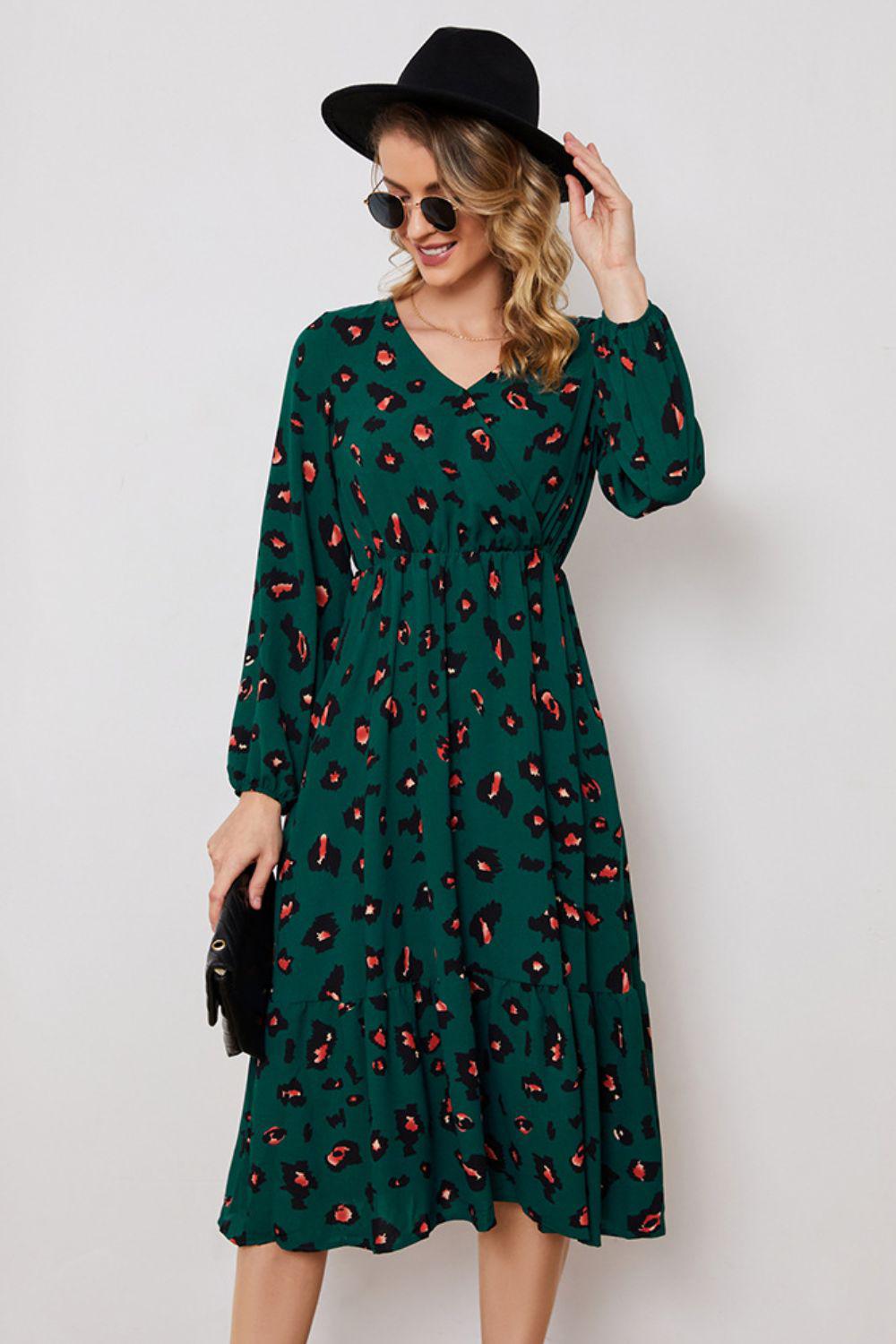 Printed Surplice Neck Long Sleeve Dress BLUE ZONE PLANET