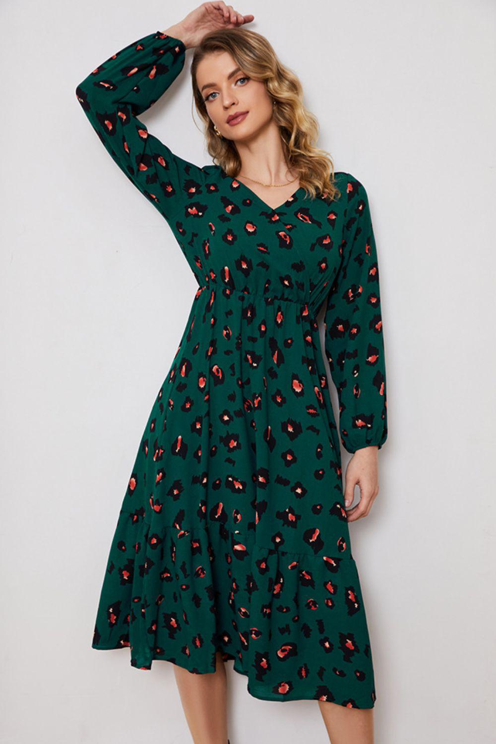 Printed Surplice Neck Long Sleeve Dress BLUE ZONE PLANET