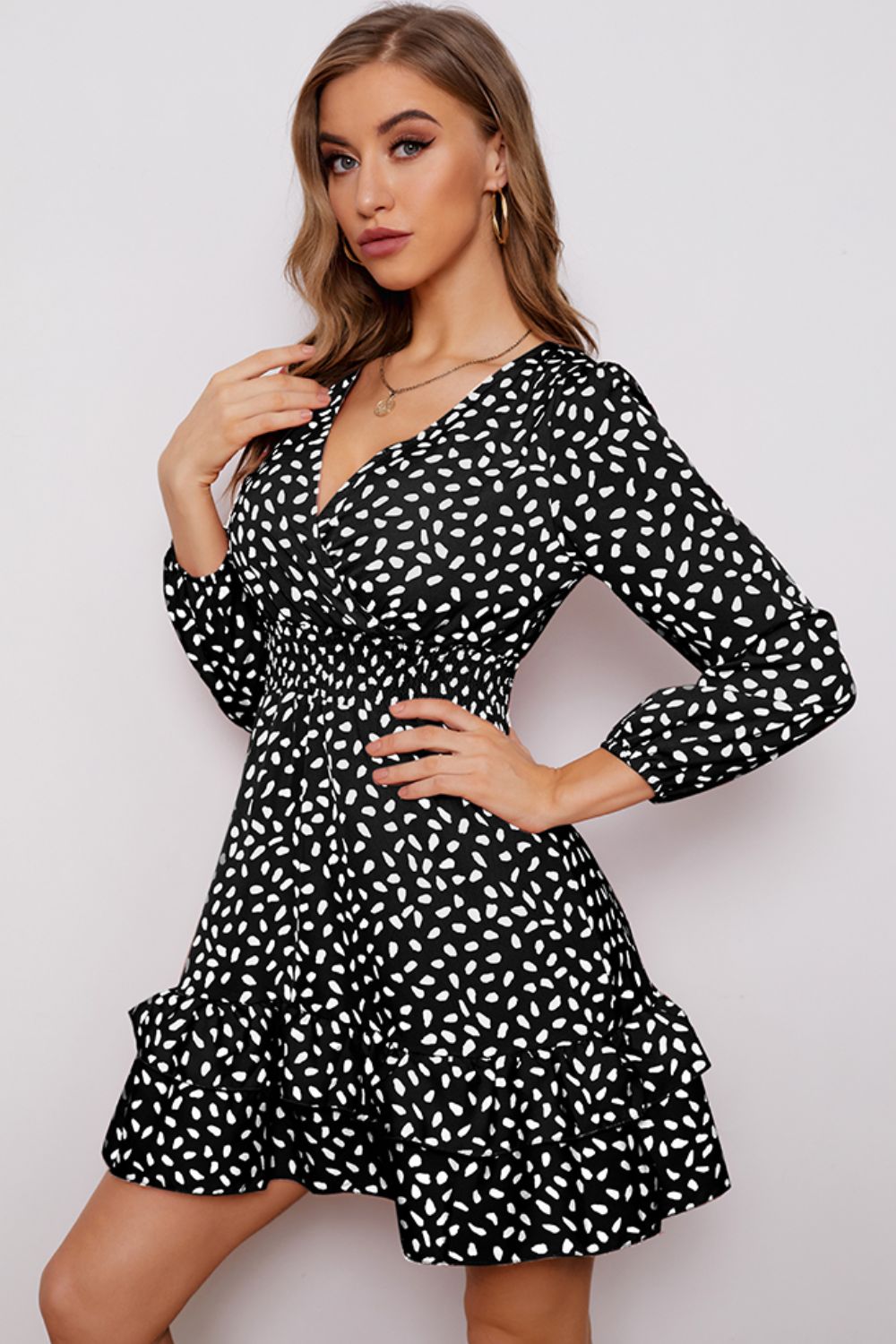 Printed Surplice Neck Puff Sleeve Ruffle Hem Dress BLUE ZONE PLANET