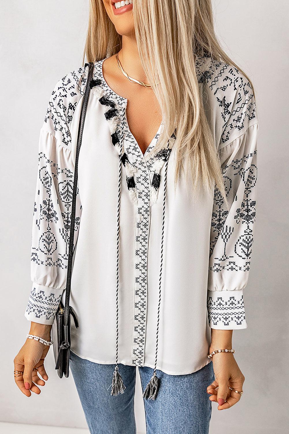 Printed Tassel Tie Puff Sleeve Blouse-TOPS / DRESSES-[Adult]-[Female]-White-S-2022 Online Blue Zone Planet