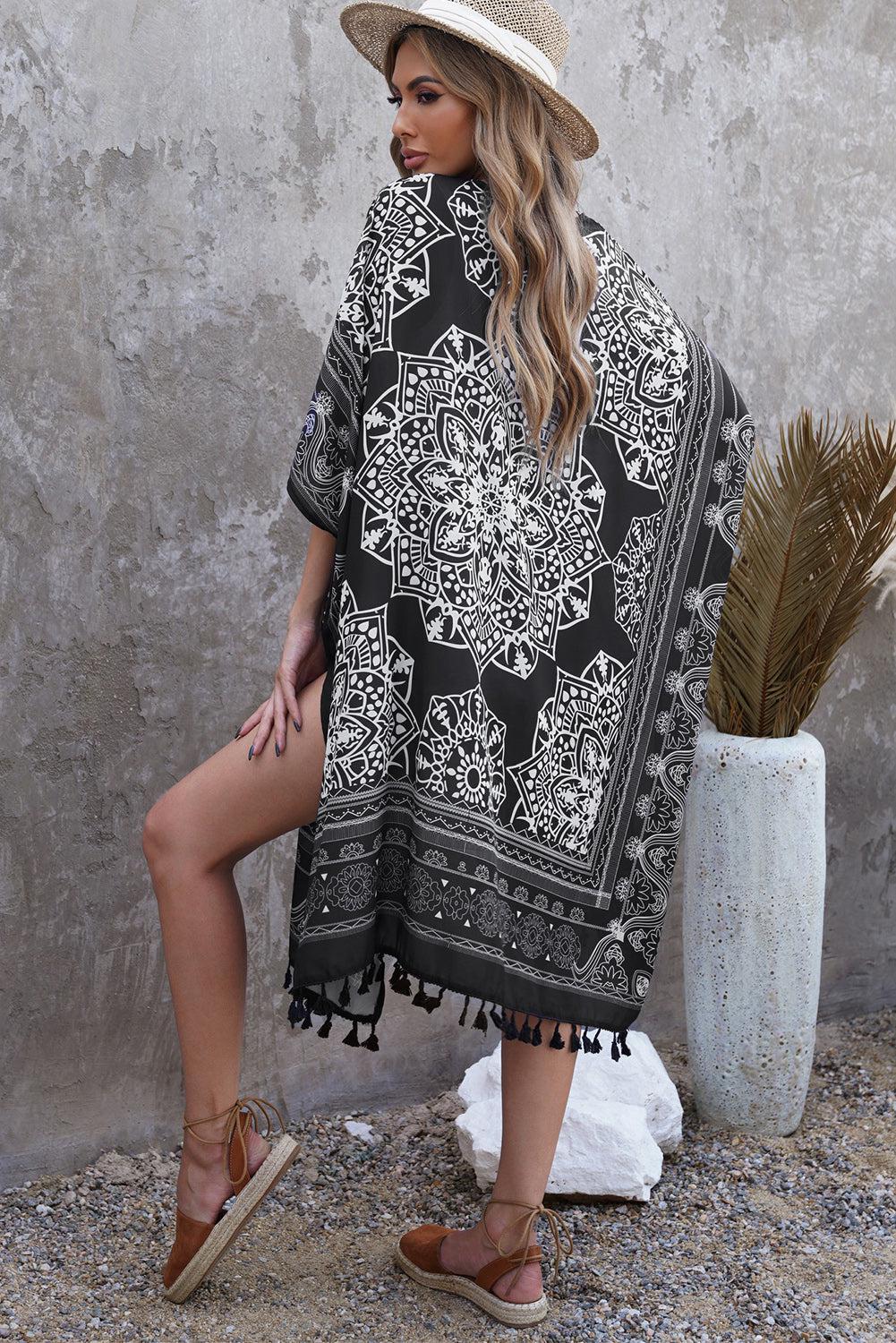 Printed Tassel Trim Open Front Cardigan BLUE ZONE PLANET