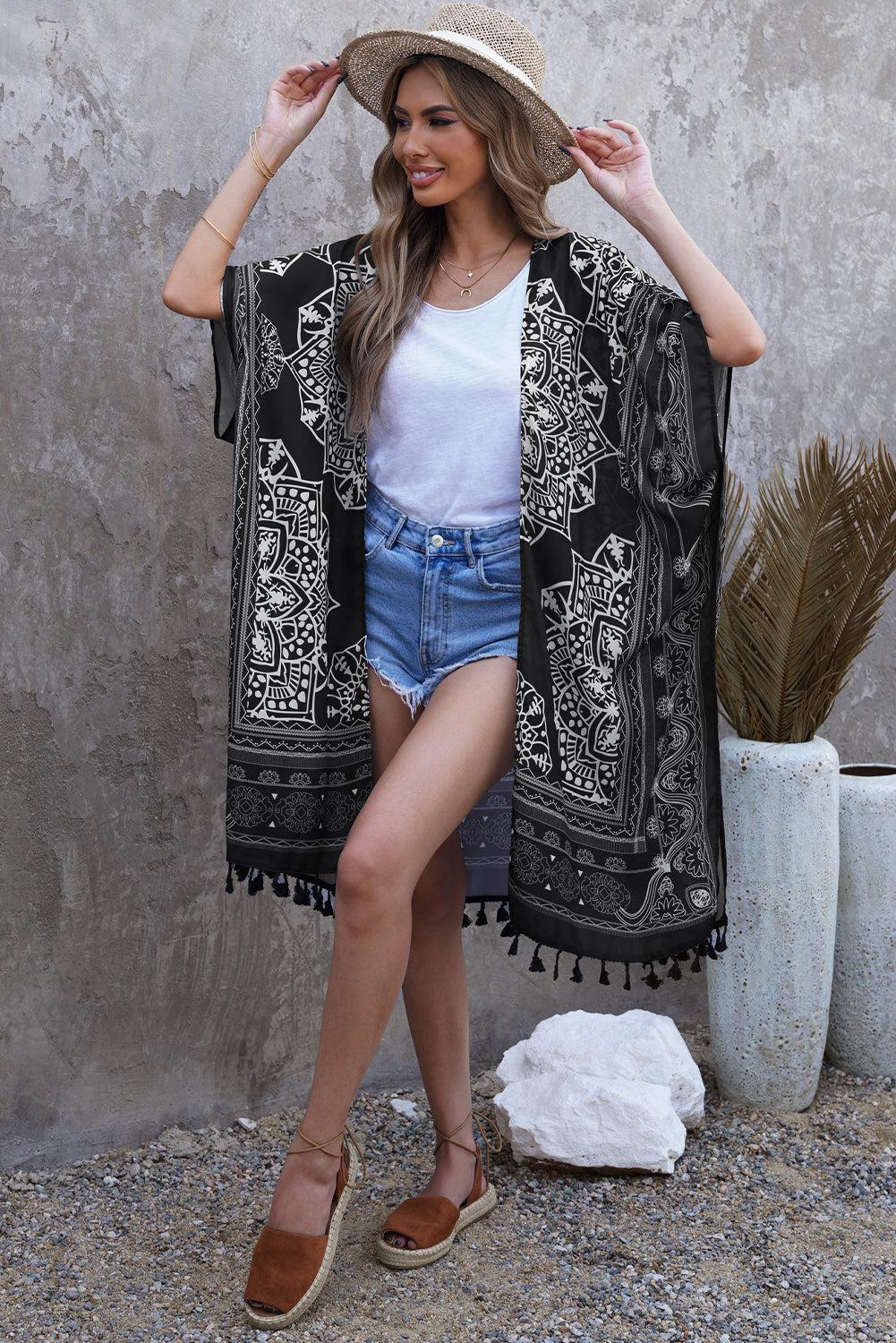 Printed Tassel Trim Open Front Cardigan BLUE ZONE PLANET