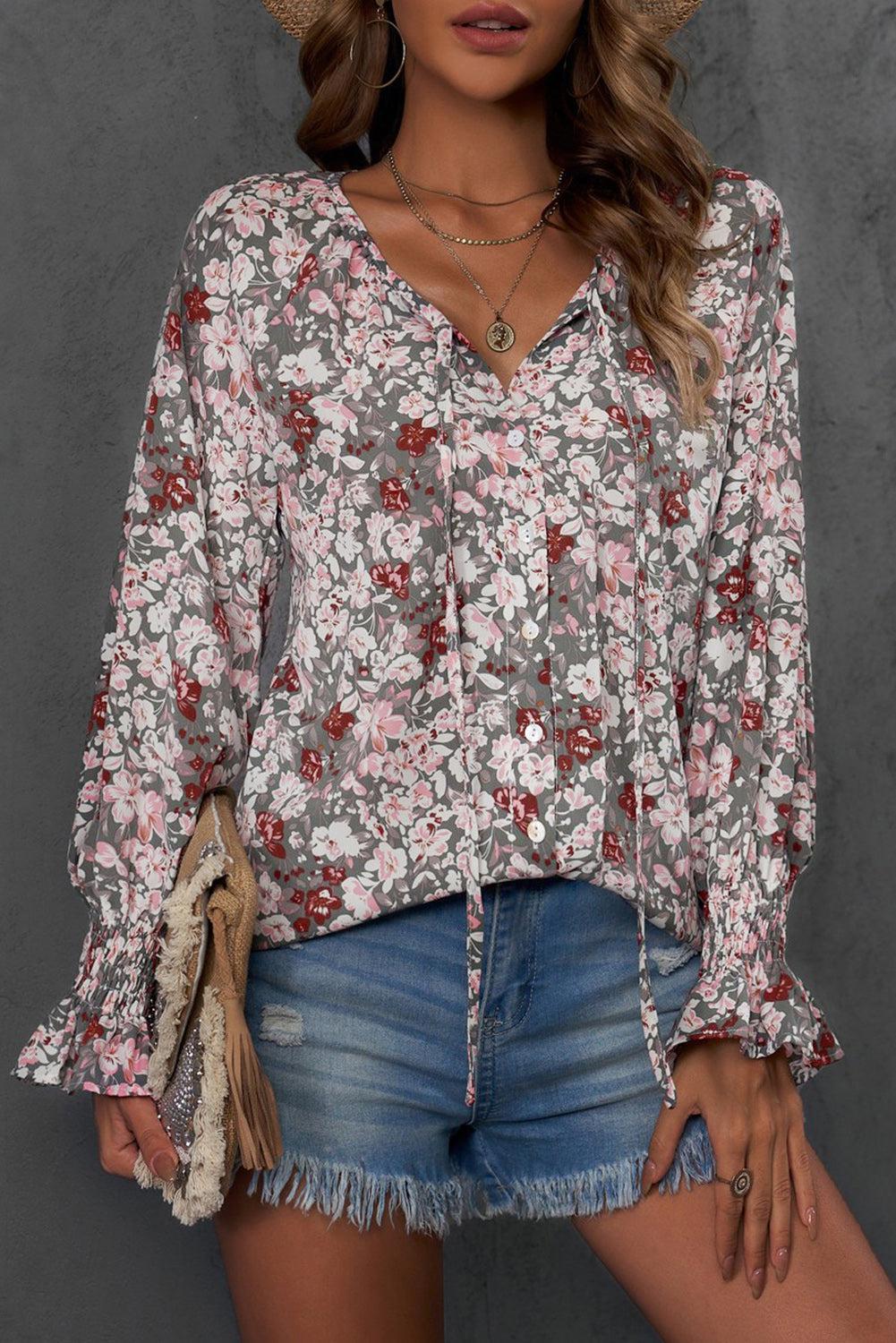 Printed Tie-Neck Long Flounce Sleeve Blouse BLUE ZONE PLANET