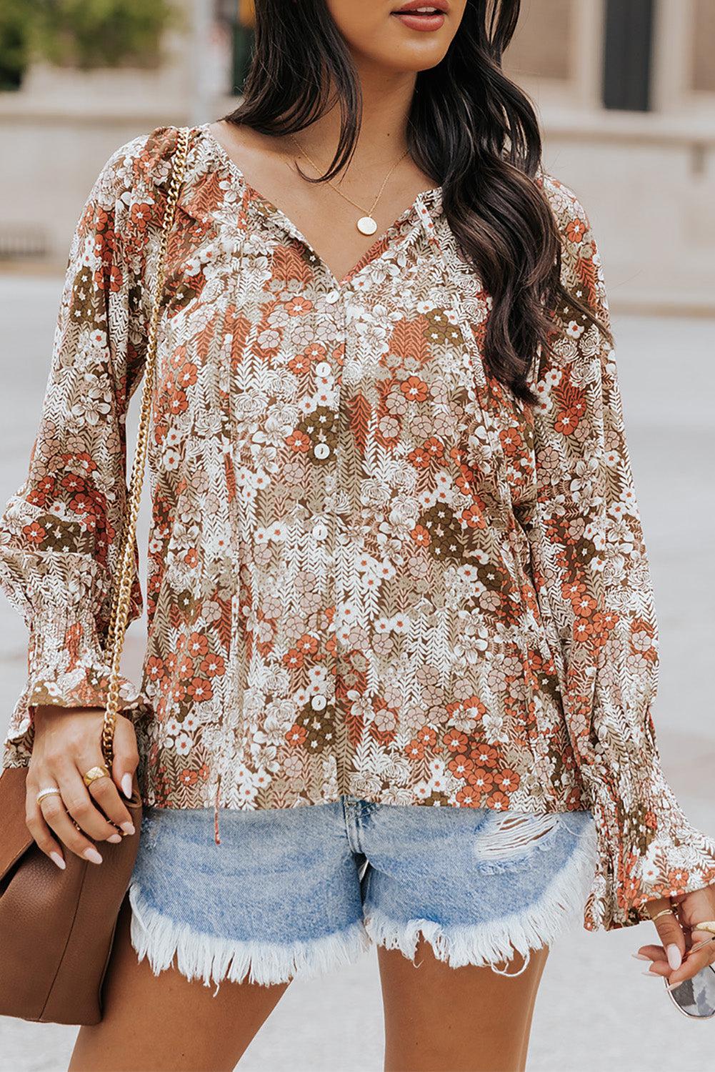 Printed Tie-Neck Long Flounce Sleeve Blouse BLUE ZONE PLANET