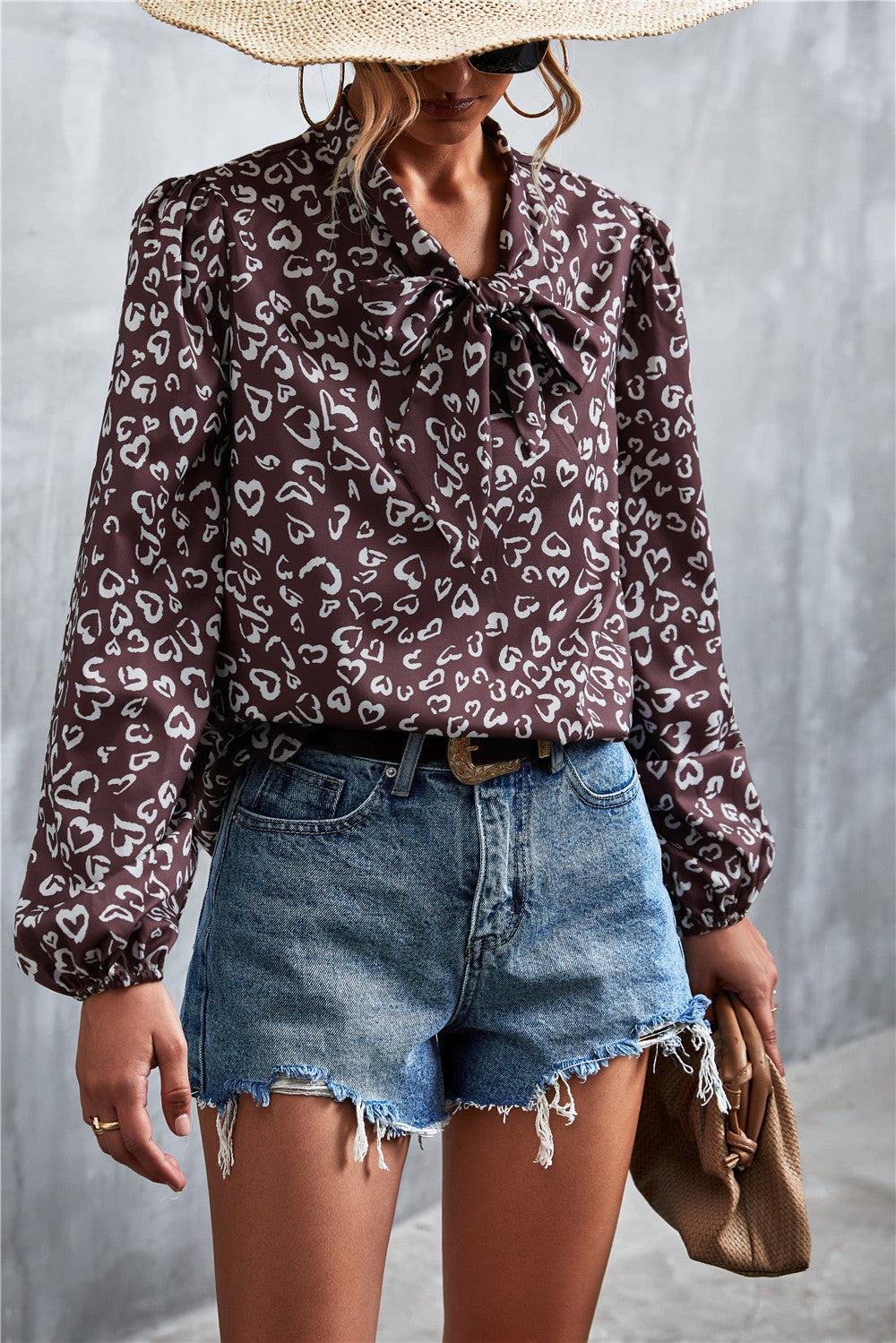 Printed Tie Neck Puff Sleeve Blouse-TOPS / DRESSES-[Adult]-[Female]-Brown-S-2022 Online Blue Zone Planet