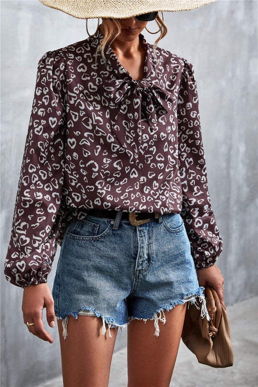 Printed Tie Neck Puff Sleeve Blouse BLUE ZONE PLANET