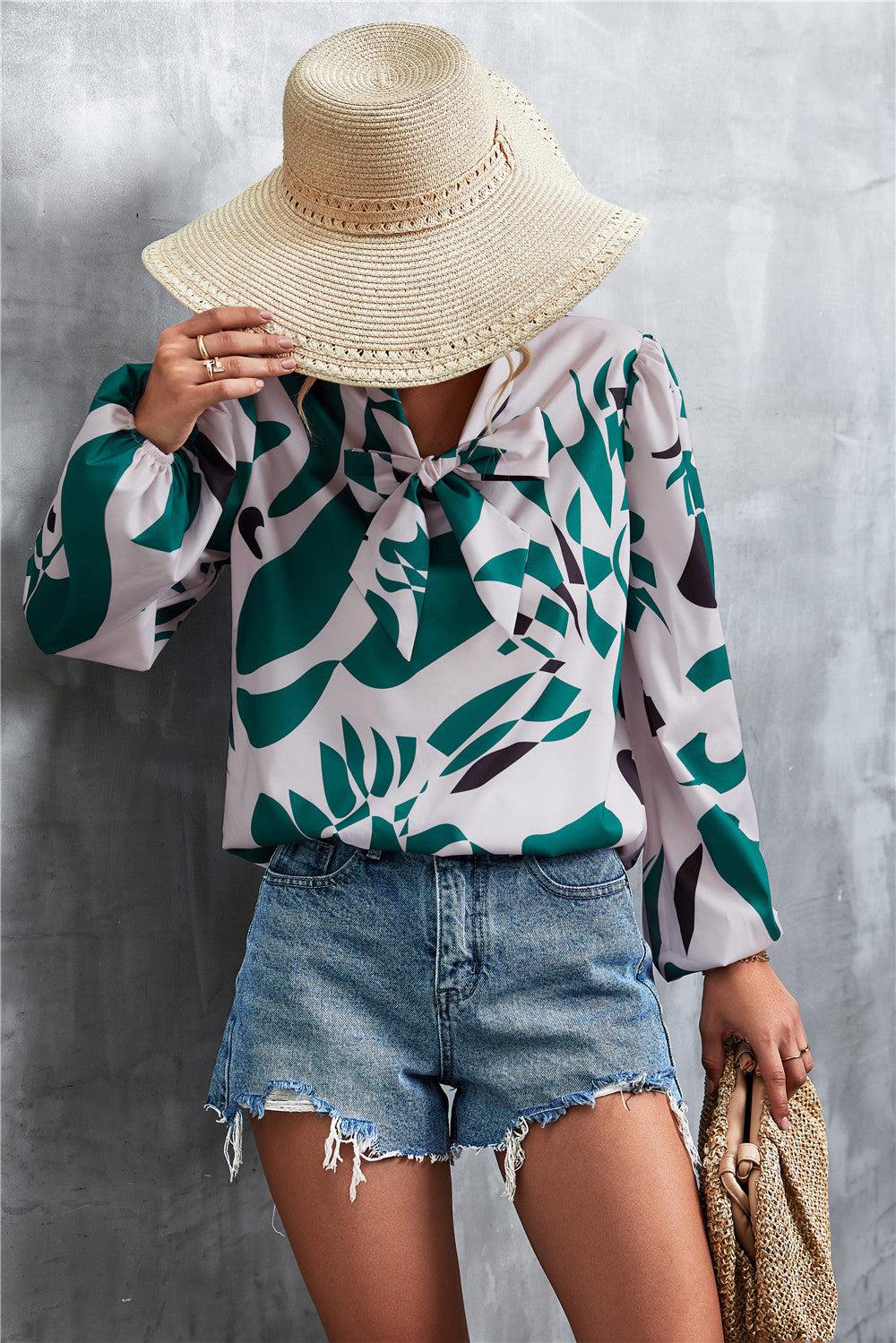 Printed Tie Neck Puff Sleeve Blouse-TOPS / DRESSES-[Adult]-[Female]-Green-S-2022 Online Blue Zone Planet
