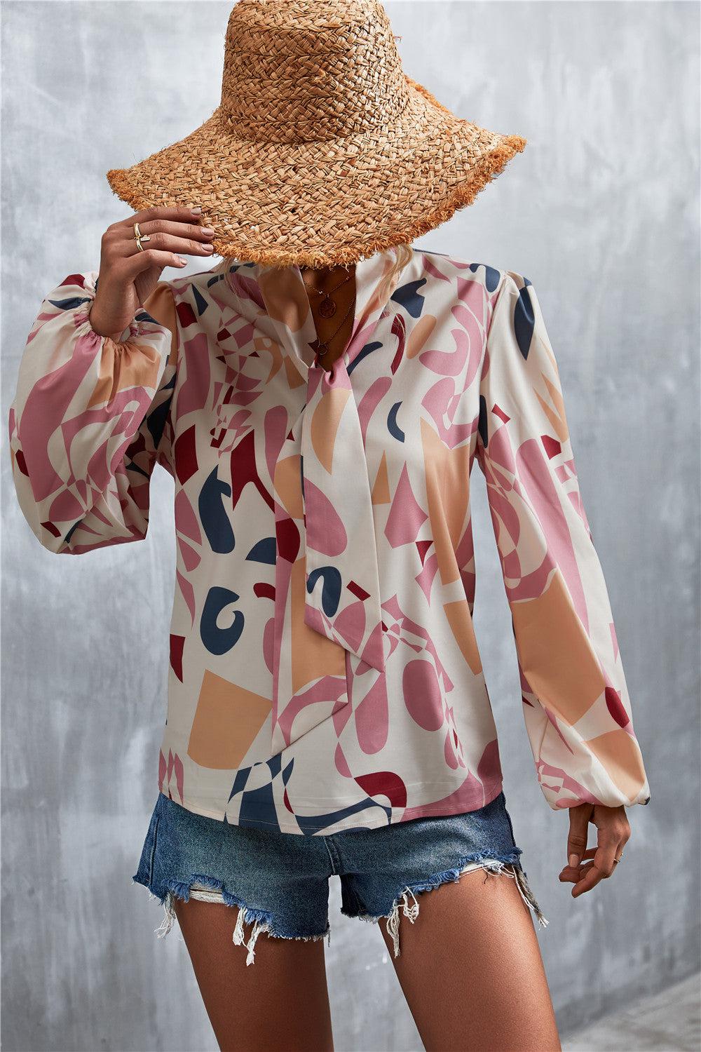 Printed Tie Neck Puff Sleeve Blouse-TOPS / DRESSES-[Adult]-[Female]-Pink-S-2022 Online Blue Zone Planet